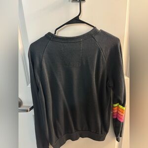 Gray Sweatshirt with Colorful Sleeve Stripes